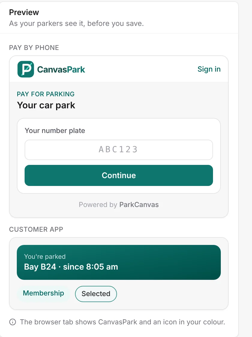 The branding preview: the operator's payment page and app in their teal colour and logo.