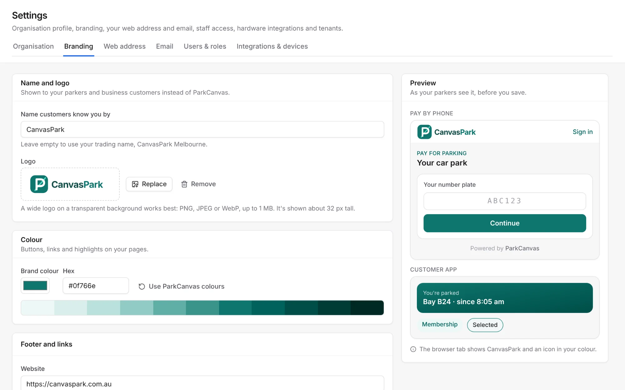 Branding settings: the operator's name, logo and teal brand colour turned into an eleven-shade palette, with a live preview of their pay by phone page and customer app.