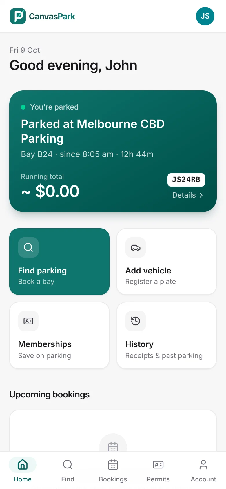 The customer app on a phone: a card showing the driver is parked in bay B24 with a running total, and shortcuts to find parking, add a vehicle, memberships and history.
