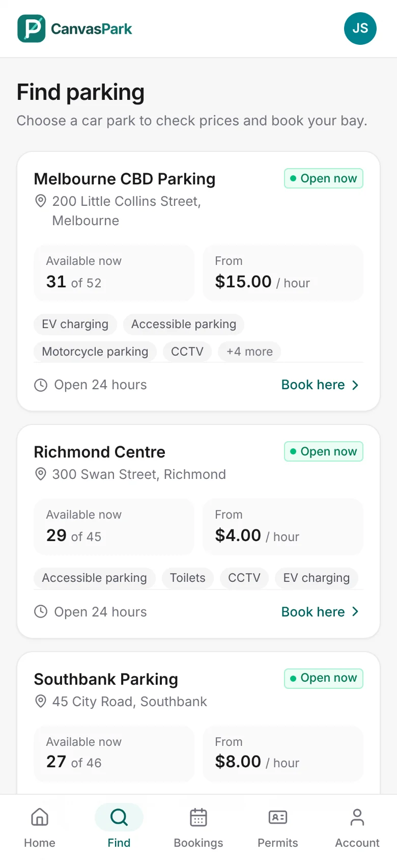 Finding parking: three car parks with free bays, prices from per hour, and services like EV charging.
