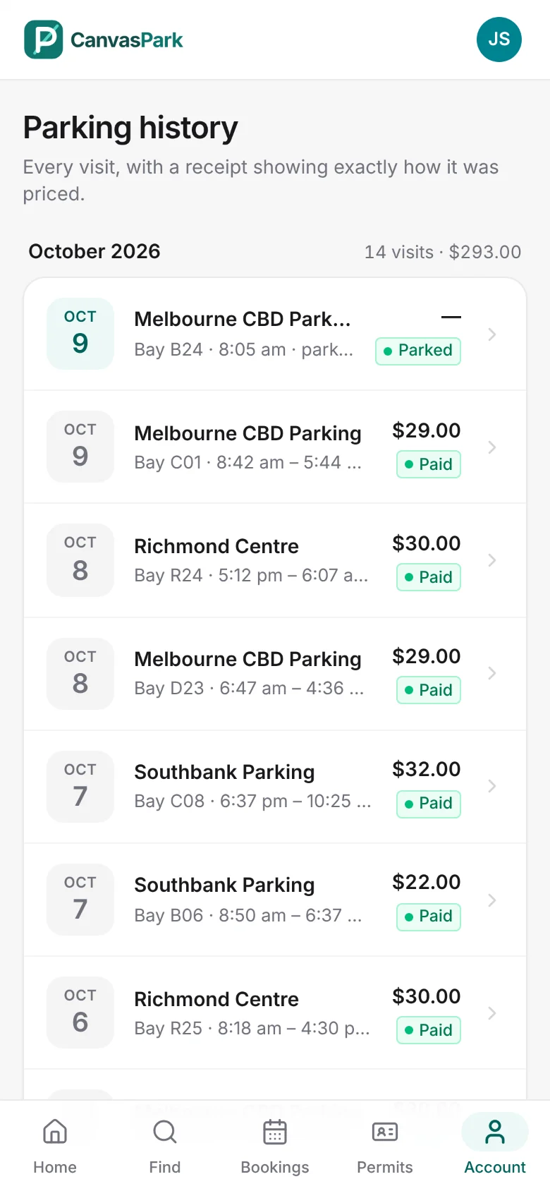 Parking history: every visit this month with the car park, bay, times and amount paid.