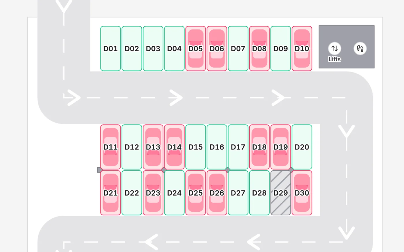 Close up of a floor plan: bays numbered D01 to D30, cars shown in taken bays, and a bay hatched as out of service.