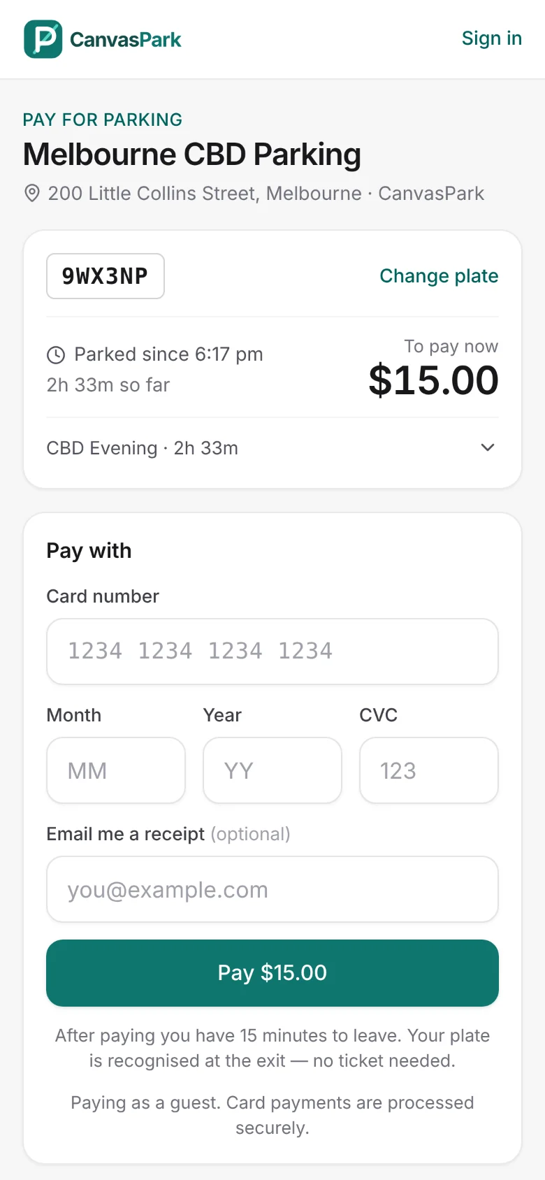 Pay by phone on a mobile: the parker's plate, how long they've been parked and the amount to pay now, with a card form.