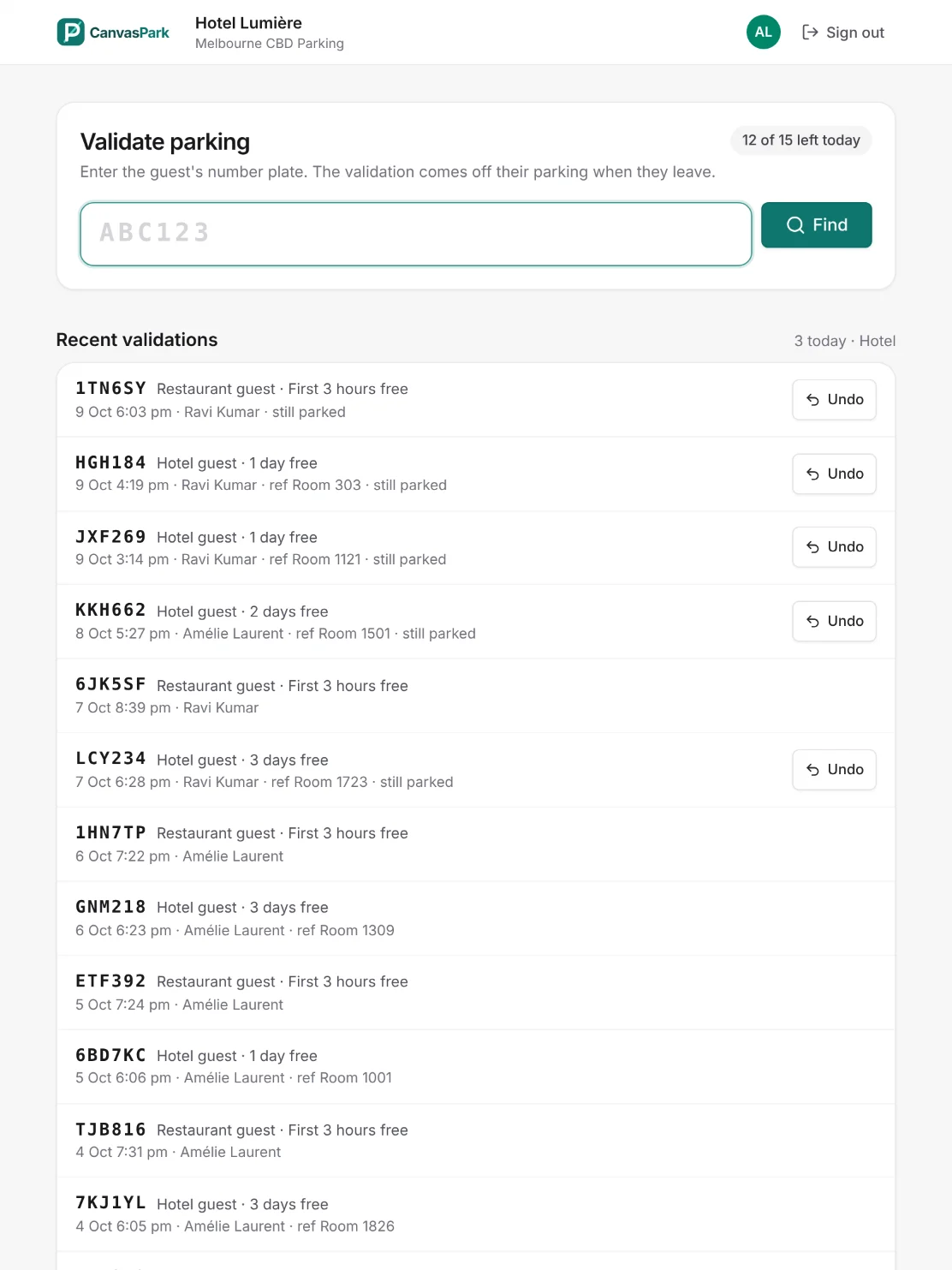 The validator portal at a hotel front desk: a plate search with 12 of 15 validations left today, and a list of recent validations such as Hotel guest, 2 days free, with room numbers and an Undo button for cars still parked.